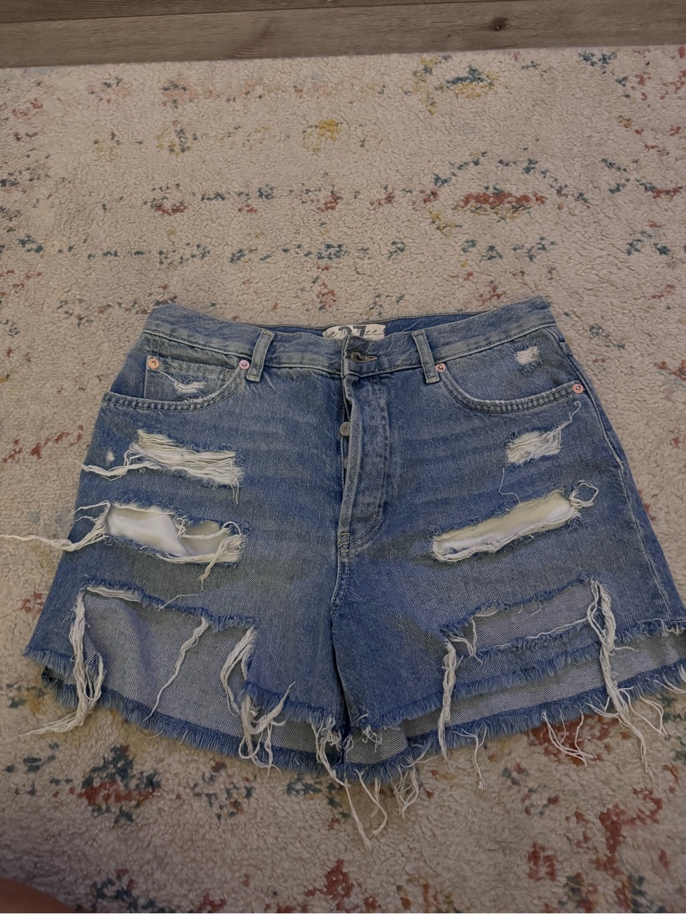 Distressed High-Waist Denim Shorts - Blue